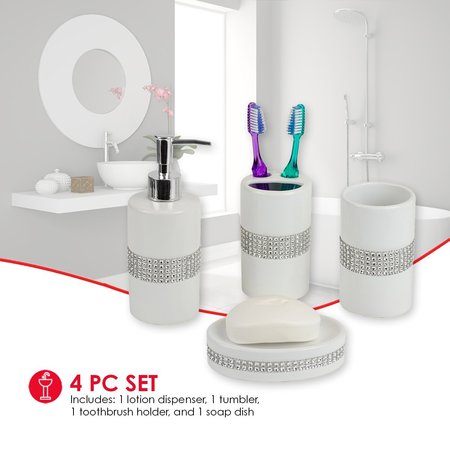 Home Basics 4 Piece Ceramic Luxury Bath Accessory Set with Stunning Sequin Accents, White BA41924